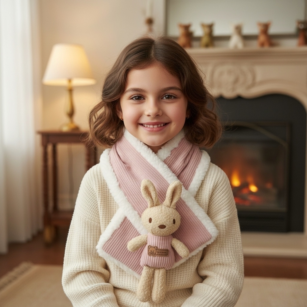Toddler Rabbit Winter Warm Fuzzy Scarf Pink/ White